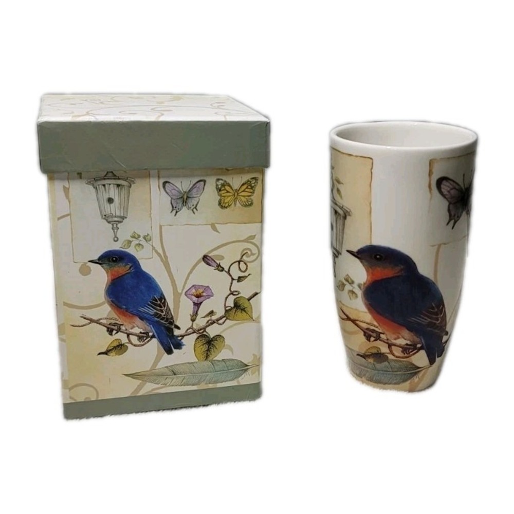 Cypress Home Ceramic‎ Travel 17oz Cup w/Matching Gift Box Bird Flowers Butterfly
